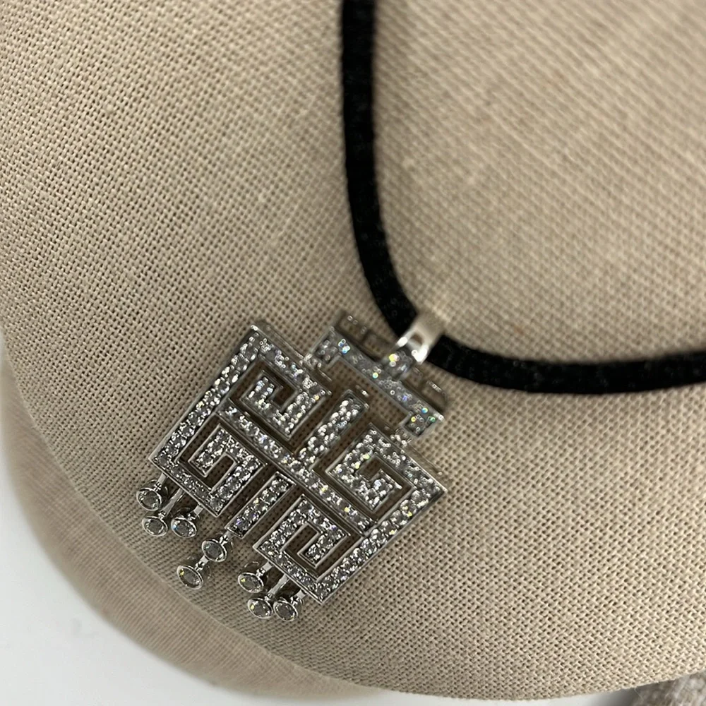 925 Diamonique QVC Geometric Statement Necklace w/ Black Adjustable Cord